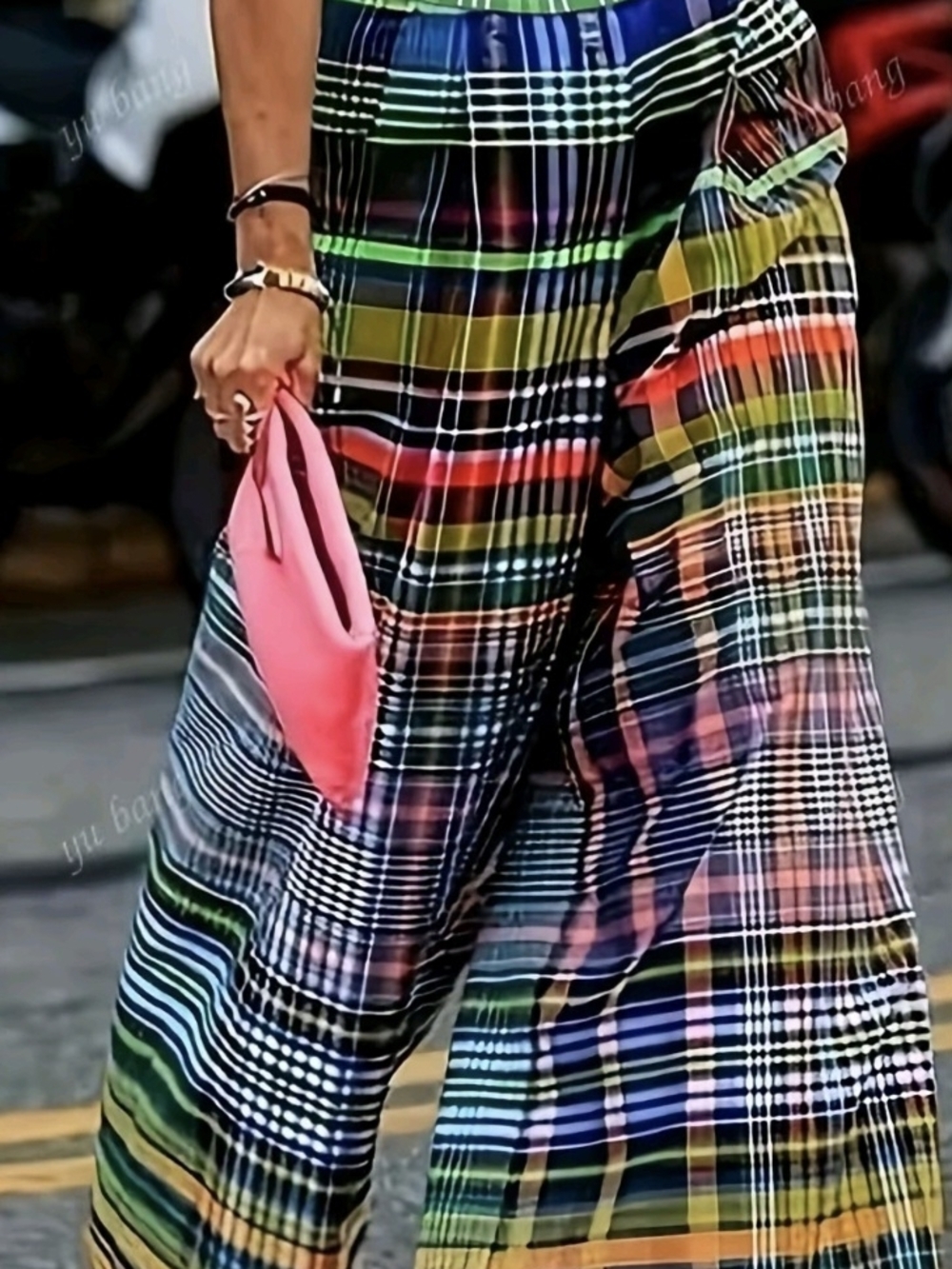 Wide-Leg Plaid Pull-On Trousers with Multicolor Stripes
